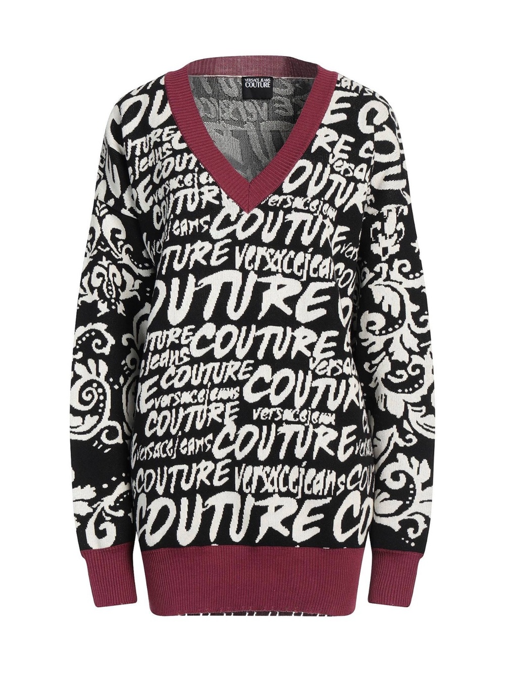 Versace Jeans Collection Black & White Logo V‑Neck Sweater with Burgundy Trim